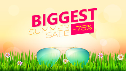 Biggest Summer sale. Vector poster. Sunglasses in green grass. Huge discounts. Template for your business.