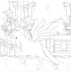 unicorn in the sky. Fantasy art drawn in line art style.seamless pattern. Coloring book page design for adults and kids