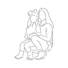 line drawing of mother hugs and plays with her child
