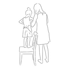 line drawing of the child helps the mother to cook.