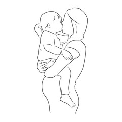 line drawing of mother picked up and kissed her child