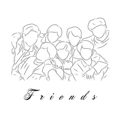 Hand drawn sketch group of male friends for your design, drawn with black ink on a white background.