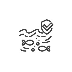 Obraz premium Safe ocean line icon. Sea water and fish linear style sign for mobile concept and web design. Ocean protection shield outline vector icon. Symbol, logo illustration. Vector graphics