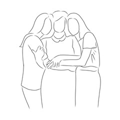 line drawing of two children hug their mother