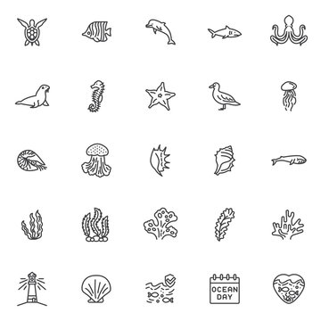 Marine life line icons set. World ocean day linear style symbols collection, ocean animals outline signs pack. vector graphics. Set includes icons as turtle, shark fish, dolphin, octopus, sea lion