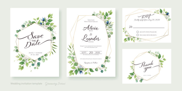 Greenery wedding Invitation card, save the date, thank you, rsvp template.
