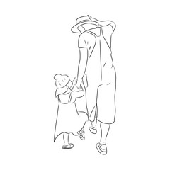 line drawing of mother holding hands to play with children