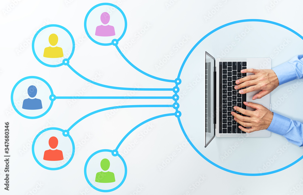 Poster Online business communication. Network technology and telework. Top view of businessman using laptop.