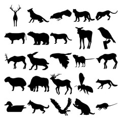 Set of 25 animals. Deer, Wolf, Raven, Leopard, Cheetah, Bull, Polar bear, Cougar, Bird, Rabbit, Mouse, Elk, Capybara, Buffalo, Elk, Bee, Fox, Duck, Dog, Goshawk, Cat