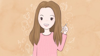Beautiful hand draw digital painting. Girl artist with pencil in hand with doodle chalk texture background of cute kawaii things. Pink brown beige tone color.concept for leisure time and art talent