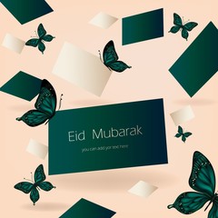 Eid Mubarak greeting Card Illustration  Beautiful vector illustration for Muslim Community Festival celebration  butterflies and paper cut background