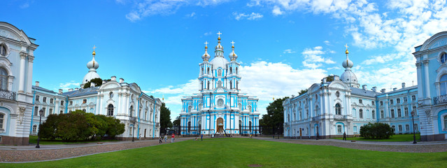 Saint Petersburg. Panoramic view of the architectural ensemble of the Smolny Cathedral from Rastrelli Square on a sunny day