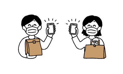 スマートフォンと紙袋を手にするマスク男性女性（シンプル）