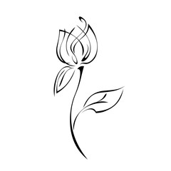 ornament 1153. one stylized flower Bud on a curved stem with a leaf in black lines on a white background