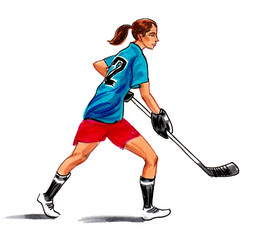 Girl playing hockey game. Ink and watercolor drawing