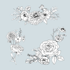 Cute line flowers  isolated on light background. Hand drawn bouquet