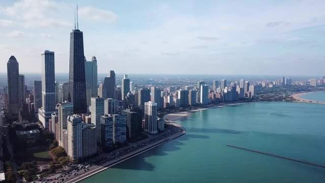 Chicago aerial skyline over Lake Michigan with Sears Tower/Willis Tower