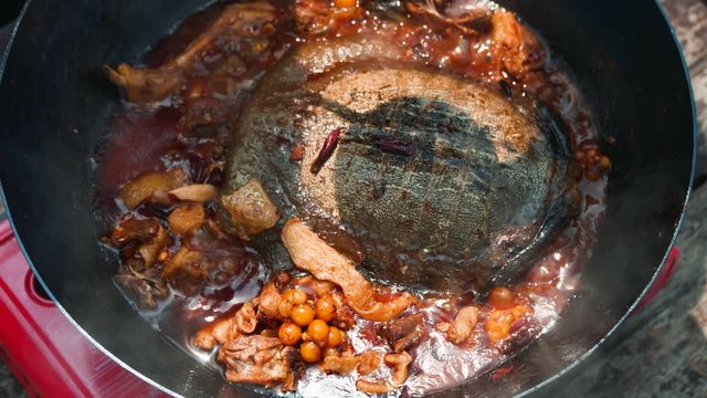 Professional chef cooking Delicious braised turtle in wok, Traditional Chinese Cuisine.
