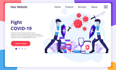 Fight the Virus Concept, Doctor and nurses use sword and shield to fighting Covid-19 coronavirus. Modern flat web landing page design template. Vector illustration