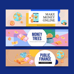 Finance banner design with currency,business,banking and business watercolor illustration.