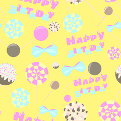 Birthday seamless pattern - caramel, chocolate, marshmallows, pops, lollipops on a yellow background 