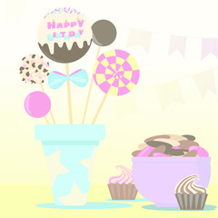 Birthday table with sweets - caramel, chocolate, marshmallows, pops, candies and cookies