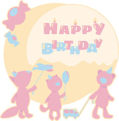 Happy birthday greeting card for baby - cute animals with gifts and greetings