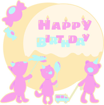 Happy birthday greeting card for baby - cute animals with gifts and greetings