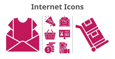 internet icons set. included newsletter, megaphone, online shop, money, shopping-basket, trolley icons. filled styles.