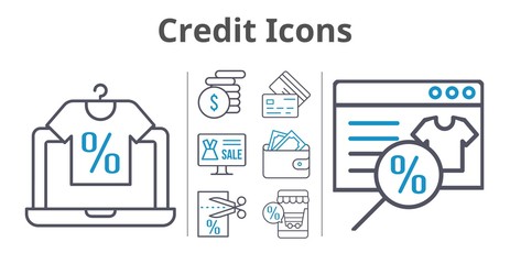 credit icons set. included online shop, wallet, money, voucher, credit card icons. bicolor styles.