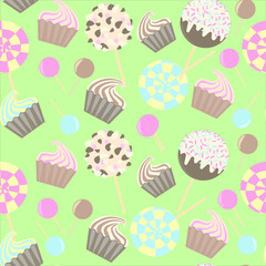 Sweet seamless pattern - caramel, chocolate, marshmallows, pops, lollipops on a yellow background