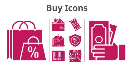 buy icons set. included shopping bag, online shop, wallet, shop, money, warranty, barcode, trolley icons. filled styles.
