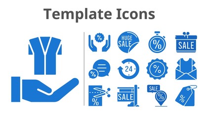 template icons set. included gift, newsletter, sale, 24-hours, chat, voucher, price tag, jacket, discount, placeholder, stopwatch icons. filled styles.