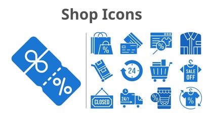Fototapeta premium shop icons set. included online shop, shopping bag, 24-hours, shirt, shopping cart, discount, closed, delivery truck, credit card, trolley icons. filled styles.