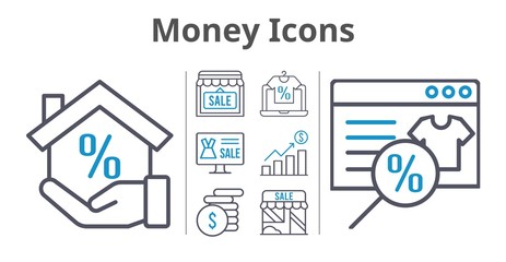 money icons set. included online shop, profits, mortgage, shop, money icons. bicolor styles.