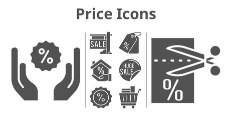 price icons set. included sale, mortgage, voucher, price tag, shopping cart, discount icons. filled styles.
