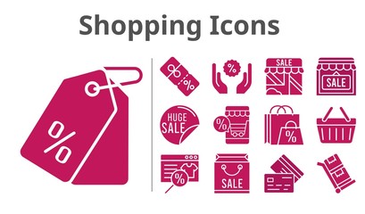 shopping icons set. included shopping bag, online shop, sale, shop, price tag, discount, shopping-basket, credit card, trolley icons. filled styles.
