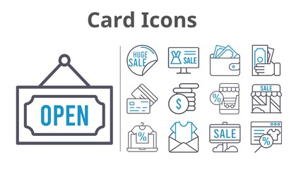 card icons set. included newsletter, online shop, sale, wallet, shop, money, credit card, open icons. bicolor styles.