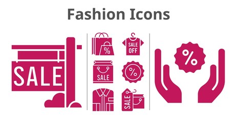 fashion icons set. included shopping bag, sale, shirt, discount icons. filled styles.