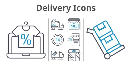 delivery icons set. included online shop, 24-hours, shop, delivery truck, trolley icons. bicolor styles.
