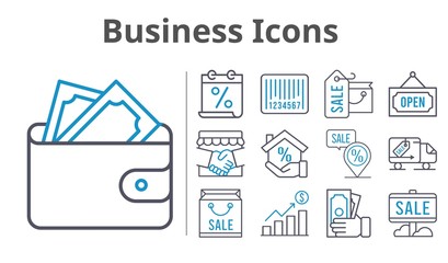 business icons set. included calendar, profits, shopping bag, handshake, sale, wallet, mortgage, money, placeholder, delivery truck, barcode, open icons. bicolor styles.