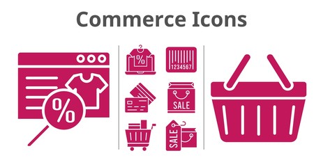 commerce icons set. included online shop, shopping bag, shopping cart, shopping-basket, credit card, barcode icons. filled styles.