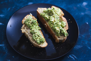 plant-based food, vegan avocado toast on homemade bread
