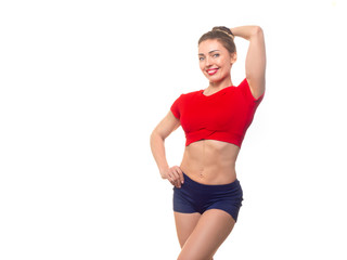 Beautiful smiling fit caucasian woman in sportswear with sixpacks abs promotes perfect body and...