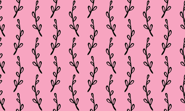 Seamless pattern with hand drawn plant branches. Fabric or textile print template. Floral design element. Spring and summer symbol. Contour otline drawing of simple black twig