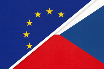 European Union or EU vs Czech Republic national flag from textile. Symbol of the Council of Europe association.