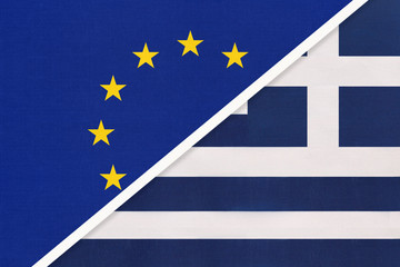 European Union or EU vs Greece national flag from textile. Symbol of the Council of Europe association.