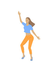 Fototapeta na wymiar Young woman, girl funny dancing, jumping. Cute vector illustration, flat, isolated character on a white background.