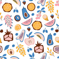 Seamless pattern with doodle tropical fruits on white background. Food vector