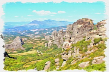 Fototapeta na wymiar Meteora. Rocks. Imitation of a picture. Oil paint. Illustration